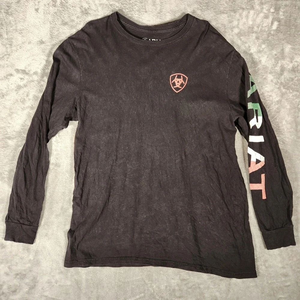 Ariat T-Shirt Mens XL Black Good Long Sleeve Mexican Flag Logo Graphic 90737 - Picture 1 of 8